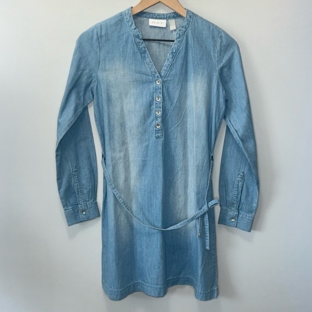 "NWT"Children's Place Girls Chambray Long Sleeve Belted Shirt Dress- Size XL(14)
